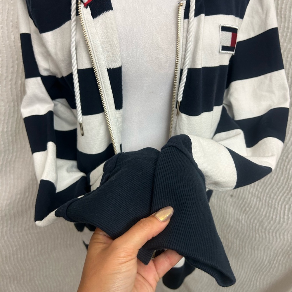 Tommy Hilfiger Striped Zip Up Sweatshirt XL Blue White Y2K Streetwear - Picture 8 of 15